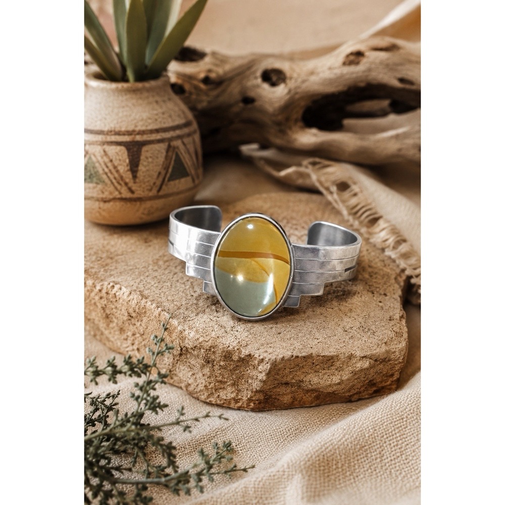 Native Southwestern Sterling Silver Cuff Bracelet Jasper Geometric Artisan VTG
